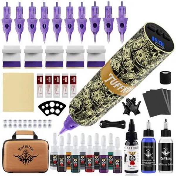Wireless Tattoo Pen Kit with LED Screen Display and 10500 RPM Adjustable Stroke Professional Tattoo Machine Kit Color Gold