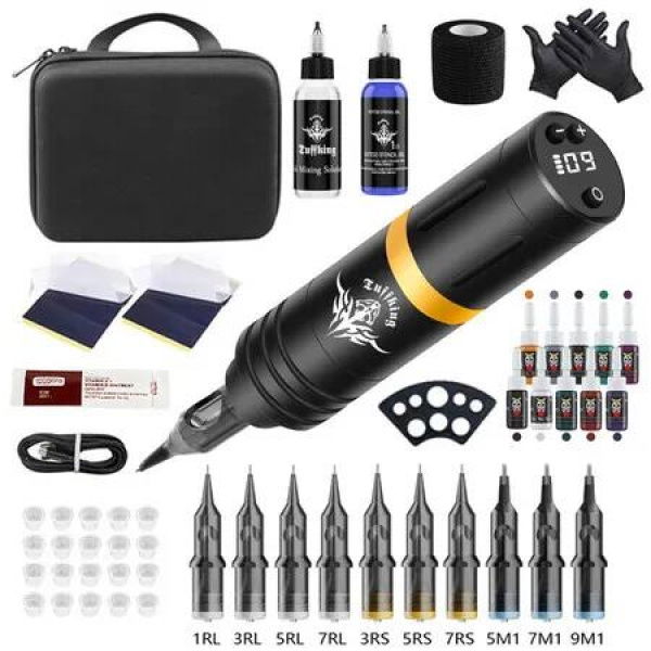 Wireless Tattoo Pen Kit with LED Screen Display and 10500 RPM Adjustable Stroke Professional Tattoo Machine Kit,Black And Gold