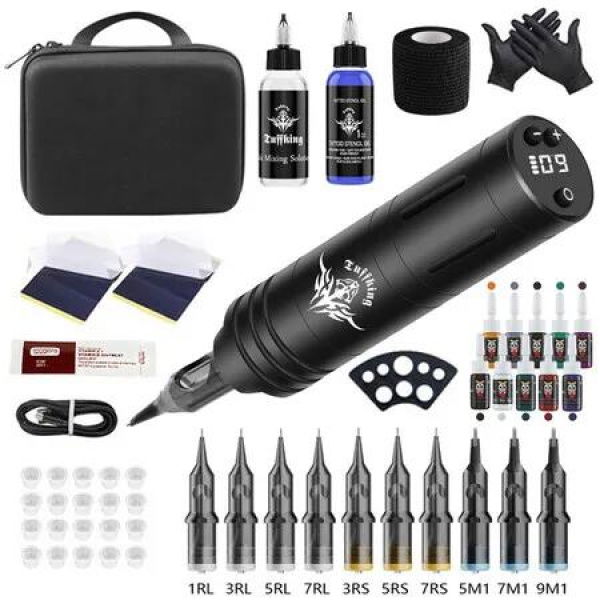 Wireless Tattoo Pen Kit with LED Screen Display and 10500 RPM Adjustable Stroke Professional Tattoo Machine Kit,Black