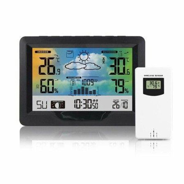 Wireless Weather Station Multifunctional Weather Station Thermometer With Outdoor Sensor Digital Color Display DCF Radio Clock Hygrometer (Black)