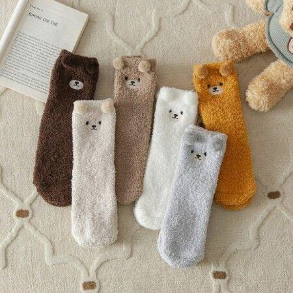 Women Winter Warm Fluffy Socks Home Floor Sleep Kawaii 3D Cute Animal Thick Fleece Fuzzy Sock Fashion Style Color Beige