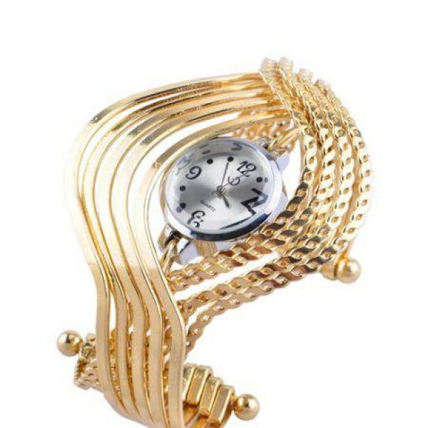 Womens Bangle Bracelet Quartz Wrist Watch With Multiple Heliciform Loops Golden.