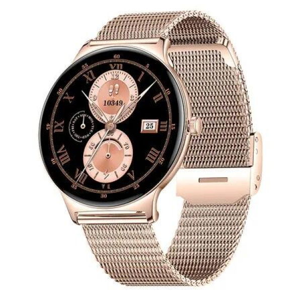 Women's Smart Watch for Android iOS with Bluetooth Phone Calls 7mm Round Dial Female Smartwatch 1.43 AMOLED Always-On Display Rose Gold Mesh 100+ Sport