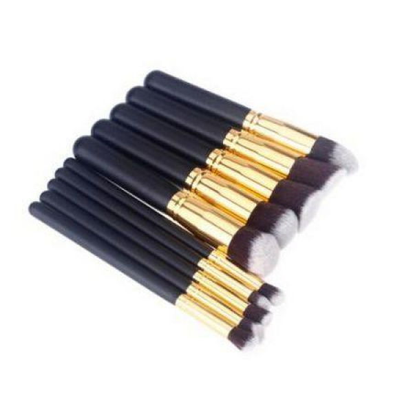 Wood 10pcs Makeup Brush Kit Professional Cosmetic Set Black & Golden.