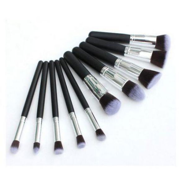 Wood 10pcs Makeup Brush Kit Professional Cosmetic Set Black & Silver.