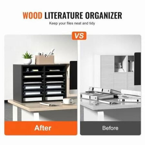 Wood Literature Organizer Adjustable File Sorter 12 Compartments Black