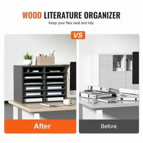 Wood Literature Organizer Adjustable File Sorter 12 Compartments Gray