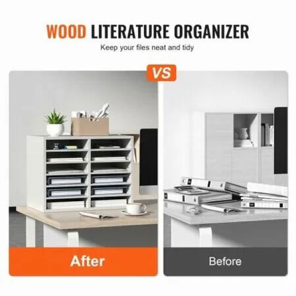 Wood Literature Organizer Adjustable File Sorter 12 Compartments White