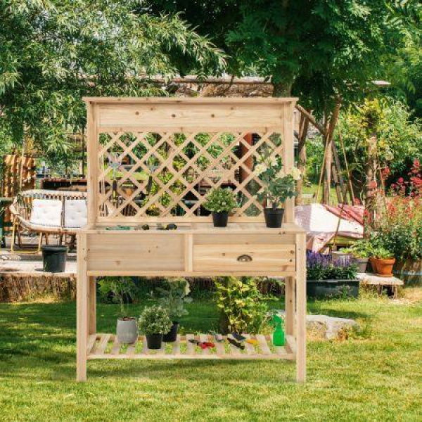 Wooden Raised Garden Bed With Trellis & Open Storage Shelf & Drawer.