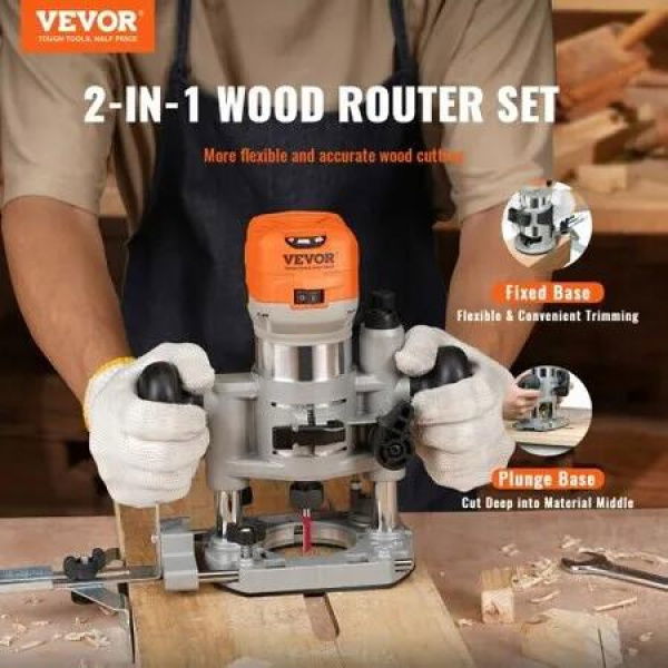 Wood Router 1.25HP 800W Compact Wood Trimmer Router Combo Tool with Plunge and Fixed Base 30000RPM 6 Variable Speeds with 1/4'' & 5/16'' Collets Dust Hood