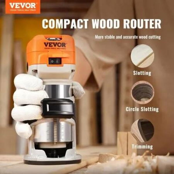 Wood Router 1.25HP 800W Compact Wood Trimmer Router Tool 30000RPM Max Speed 6 Variable Speeds with 1/4'' & 5/16'' Collets 12 PCs Milling Cutters Dust Hood