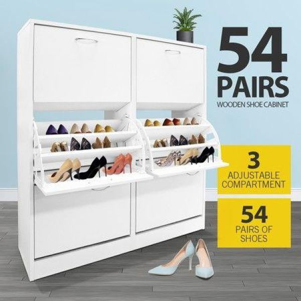 Wood Shoe Cabinet 54 Pairs Shoe Rack White With 6 Compartments