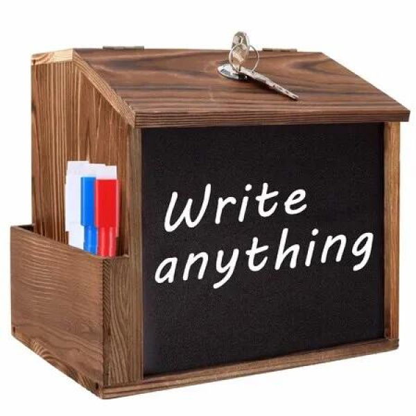 Wood Suggestion Box with Slot and Lock,Wooden Tip Money Drop Donation Boxes,Prayer Ballot Comment Box Countertop Wall Mounted with Chalkboard and Keys