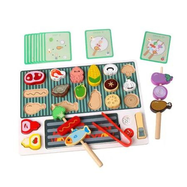 Wooden BBQ Grill Toy Set For Kids Pretend Play Kitchen Food Skewers Role Play Educational Gift For Boys Girls Ages 3 And Up