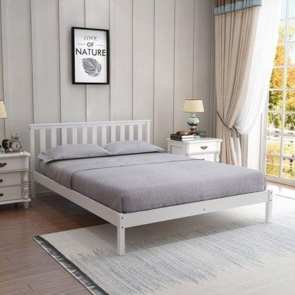 Wooden Bed Frame Double Size Mattress Base Pine Platform Bedroom Furniture - White