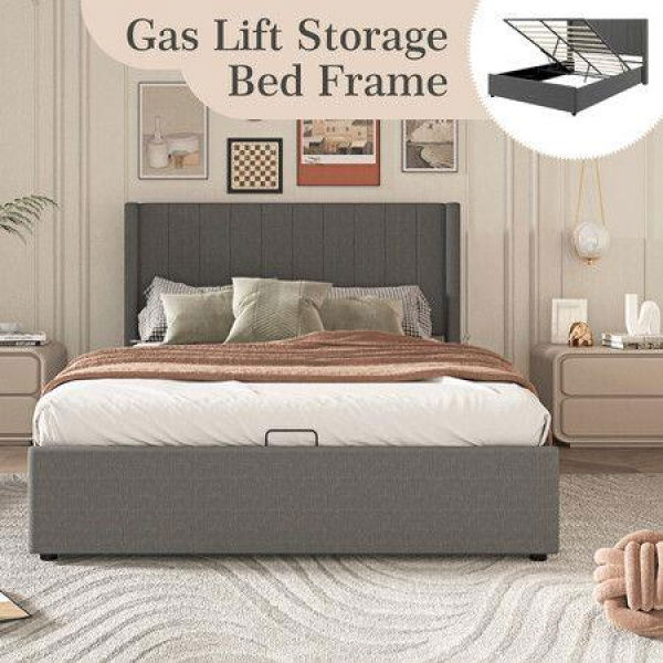 Wooden Bed Frame Double Size Mattress Base Platform Gas Lift Up Underbed Storage Upholstered Fabric Wingback Headboard Bedroom Furniture Grey