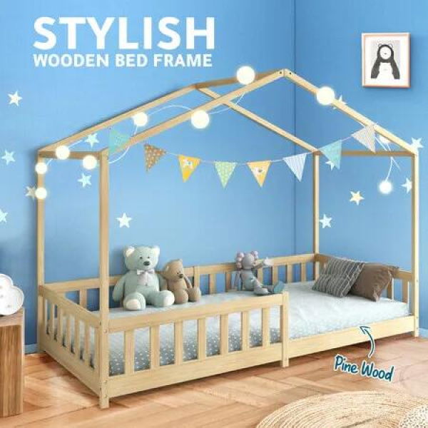 Wooden Bed Frame Single Size Toddler Mattress Base Kids Bedroom Furniture Floor Platform Foundation House Pine Wood with Children Safety Guard Rail