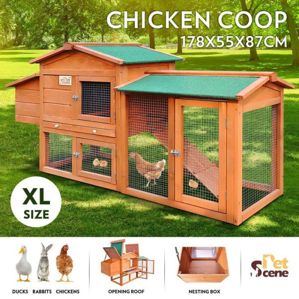 Wooden Chicken Run Coop Rabbit House Bunny Duck Hutch Hen Cage Nesting Box Enclosure Outdoor 2 Stories XL 178cm