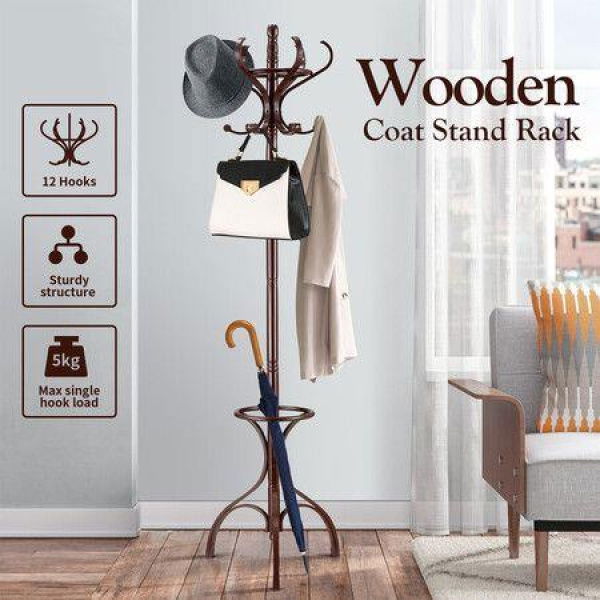 Wooden Coat Rack Stand 12 Hooks Freestanding Hall Tree Hanger Organiser For Clothes Hat Jacket Umbrella Walnut Brown