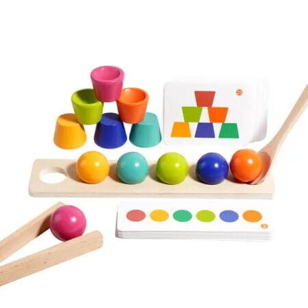 Wooden Color Matching Sphere Stacking Cups Rainbow Balls in Cups Wooden Rainbow Ball Color Sorting Toy Matching Toy Gifts for Girls Boys