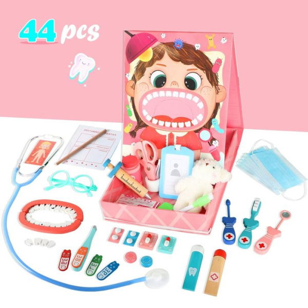 Wooden Dentist Doctor Kit For Kids Pretend Play Realistic Medical Dr Kit Toys For Toddlers 3-5 Years Old Christmas Birthday Gifts (Pink)