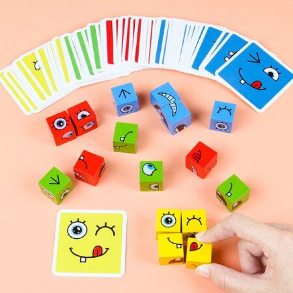 Wooden Expressions Matching Block Puzzles Building Cubes Toy Borad Games Educational Montessori Toys For Kids Ages 3 Years And Up