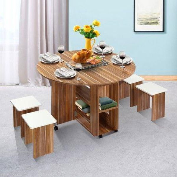 Wooden Folding Dining Table And 4 Chairs Set Round Table With Wheels