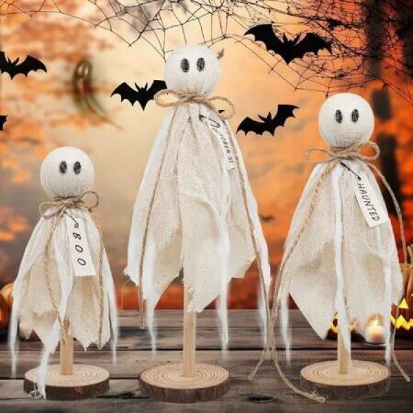 Wooden Ghost Halloween Decorations Indoor Set of 3 Sizes Rustic Shelf Sitters with Fabric Ghost Figures Halloween Table Decor,Halloween Party Supplies