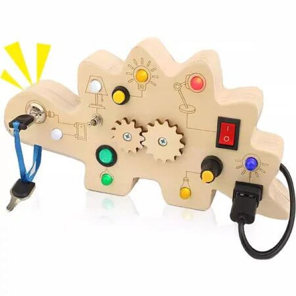 Wooden LED Light Activity Board for Kids Ages 3+, Sound Buttons, Montessori Toys for Kids, Wooden Sensory Toys for Learning Activities, Travel Toys