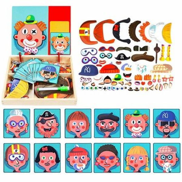 Wooden Magnetic Jigsaw Puzzles Toy Crazy Face Dress Up Game For Imagination Play. Educational Puzzle Games Double-Sided Drawing Easel For Kids.