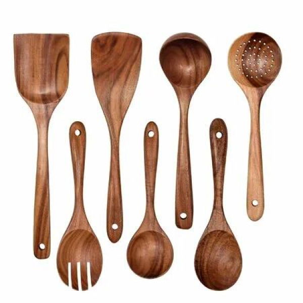 Wooden Non-Stick Kitchen Pan Toolset 7 Pieces Set, Natural Teak Kitchen Utensils Spatula, Wooden Cooking Utensils Spoons Fried Spatula and Salad Fork