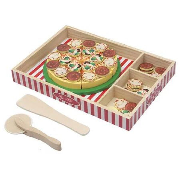 Wooden Pizza Play Food Set With 30 Toppings, Pretend Food And Pizza Cutter/ Toy For Kids Ages 3+