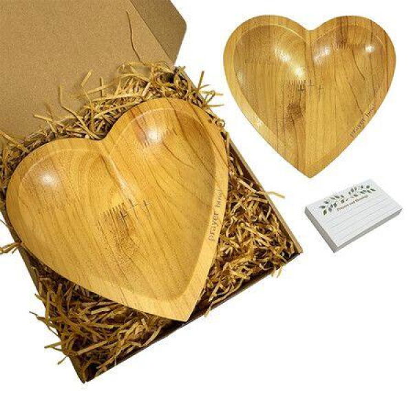 Wooden Prayer Bowl with 24 Blessing Cards, Hearte Shaped Bowl with Engraved Cross and Text, Enhance Home Decor or Prayer Room Ambiance, Yellow Colour