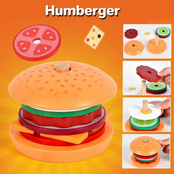 Wooden Sandwich Stacking Toys Montessori Toys With Flash Cards Burger Food Early Educational Preschool Study For Birthday Gift Xmas Party School