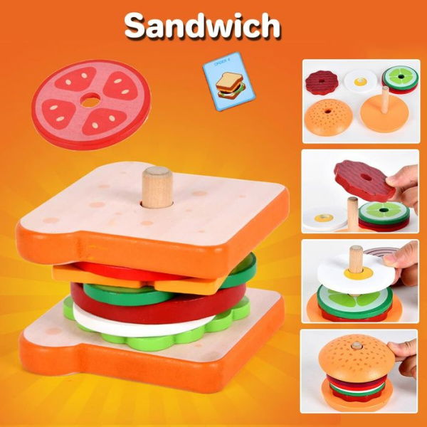 Wooden Sandwich Stacking Toys Montessori Toys With Flash Cards Sandwich Food Early Educational Preschool Study For Birthday Gift Xmas Party School