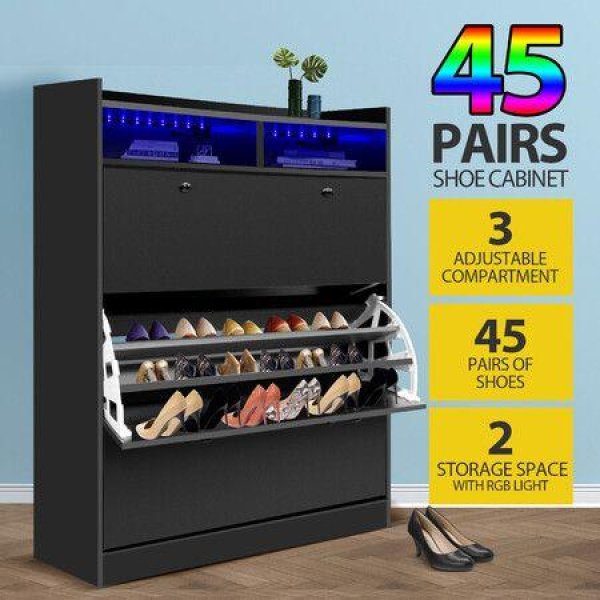 Wooden Shoe Cabinet Storage Rack Organiser Holder Shelf Stand 45 Pairs Black With RGB Light