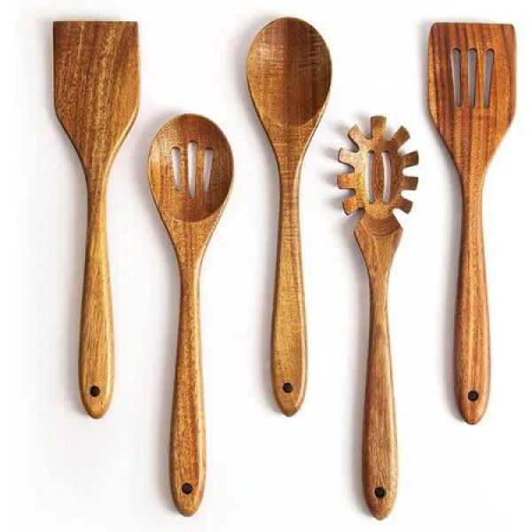 Wooden Spoons for Cooking, 5 Piece Kitchen & Cooking Utensils Set, Wooden Spatula, Slotted & Pasta Spoon, Essential Wooden Utensil Set