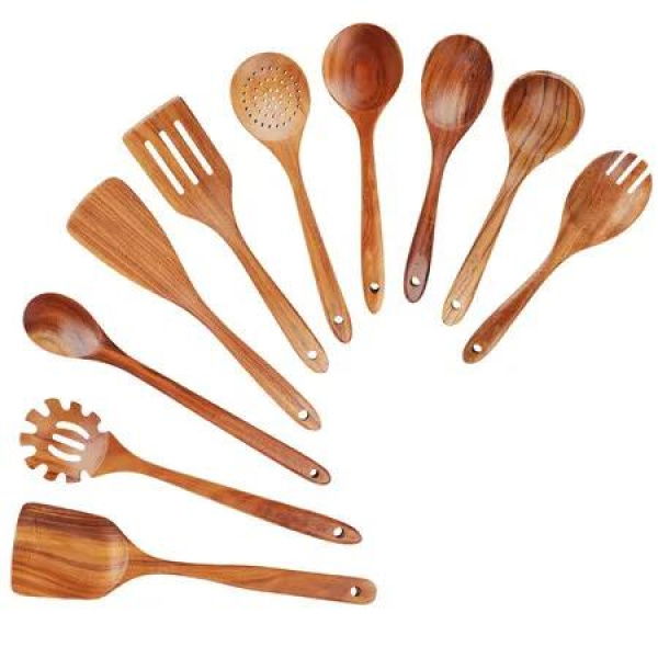 Wooden Spoons for Cooking,Wooden Utensils for Cooking Natural Teak Wooden Kitchen Utensils Set Comfort Grip (10 PCS SET)