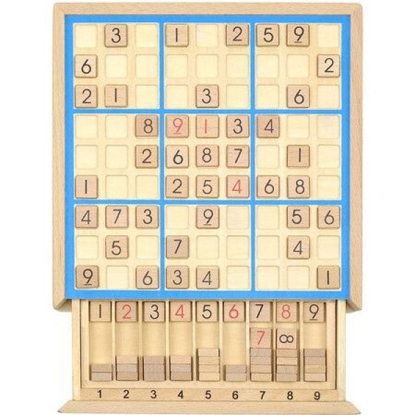 Wooden Sudoku Board Game With Drawer 81 Grids Number Place Wood Puzzle For Kids And Adults (Blue Line).