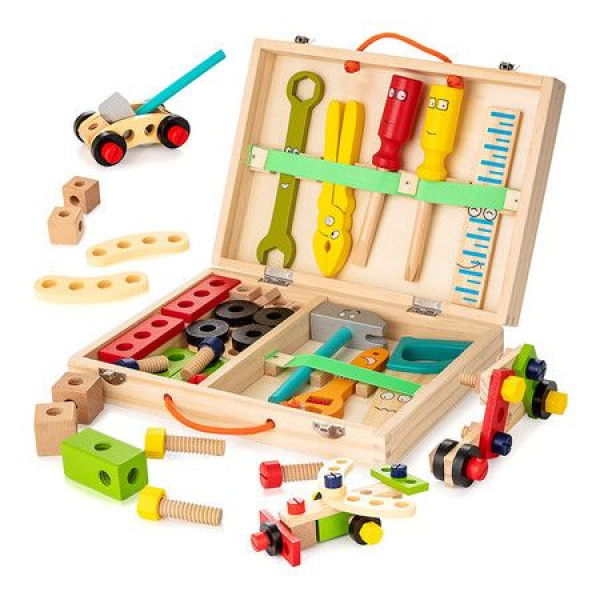 Wooden Tool Box With Colorful Wooden Tools Construction Toy Set Educational DIY Building Toy For Children Aged 3 Years And Up