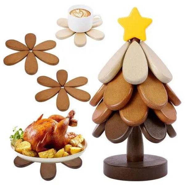 Wooden Tree Trivets for Hot Dishes, Christmas Tree Shape Trivet Set of 4 for Hot Pot Pans, Wood Coasters for Bowls Teapots Drinks Plates, Star Style