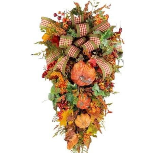 Wreath For Harvest ThanksgivingAutumn Front Door Teardrop Wreath Artificial Floral Swag Maple Leaves Wreath For Home Wedding Wall Decor