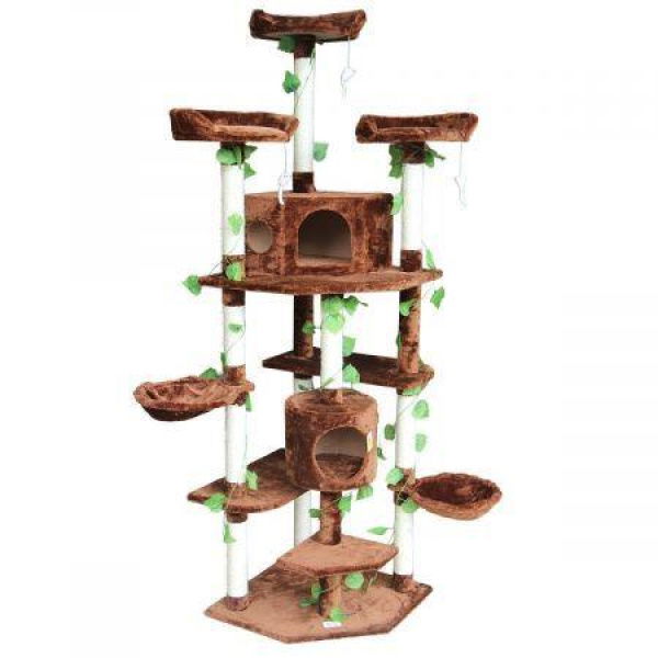 XL 2.1M Multi-Layer Cat Scratching Post Climb Tree Gym Pole With 2 Condos 5 Beds For Multi Cats - Brown.