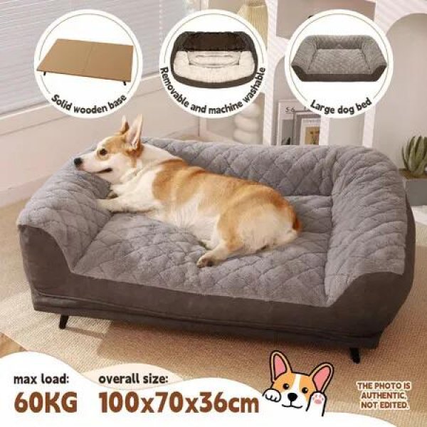 XL Pet Dog Bed Raised Soft Cushioned Puppy Sofa Couch Doggy Chaise Lounge Plush Furniture Removable Cover 100x70x36cm
