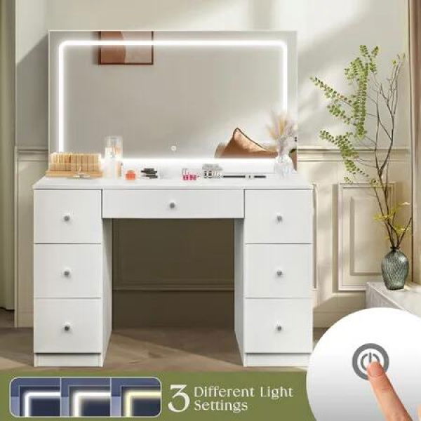 XL Size Vanity Makeup Table Lighting Dressing White Dresser Desk Bedroom Furniture with Mirror LED Light Strip 7 Storage Drawers 3 Lighting Colours