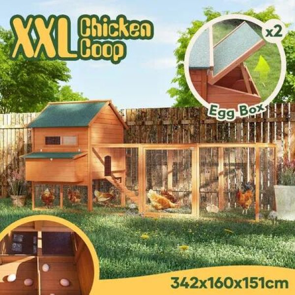 XXL Chicken Run Coop Wooden Hen Cage House Chook Pen Rabbit Hutch Fence Nesting Boxes Ramp 342x160x151cm