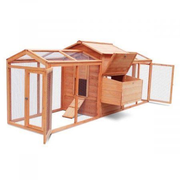 XXL Strong Fir Wood Chicken Coop Rabbit Hutch Cage W/Water Proof Roof, 2.84M Long Tracks