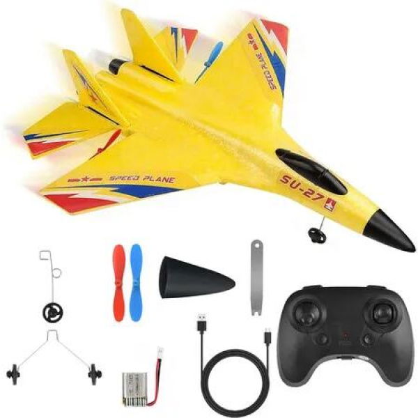 Yellow RC Plane Remote Control Glider Airplanes 2.4 GHZ 2 Channels, Easy to Fly RC Fighter, RC Aircraft with Automatic Balance Gyro for Kids Beginner