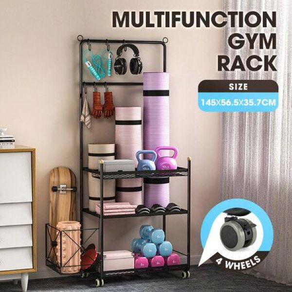 Yoga Mat Ball Storage Rack Weight Dumbbell Kettlebell Shelves Shelf Garage Racking Holder Steel Stand Gym Organizer with Hooks Wheels