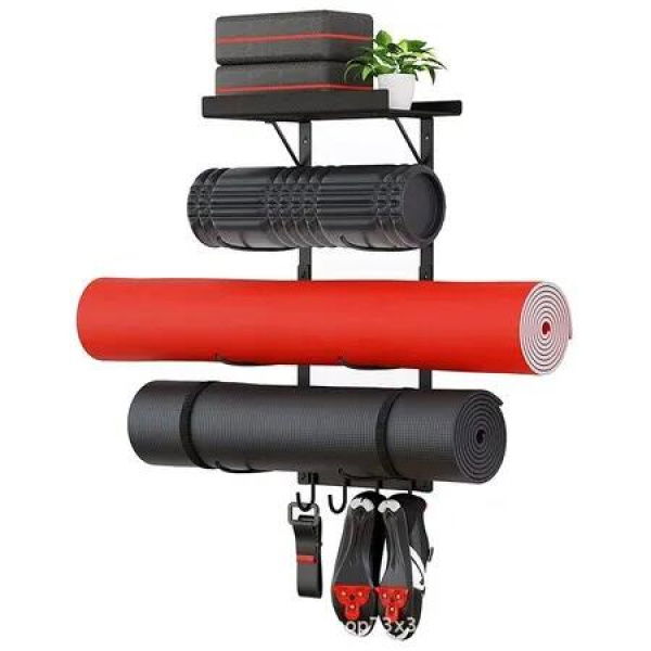Yoga Mat Holder Wall Mount,Yoga Gym Accessories Storage Rack Organizer,Floating Shelf and Hooks for Hanging Foam Roller/Band/Workout Equipment
